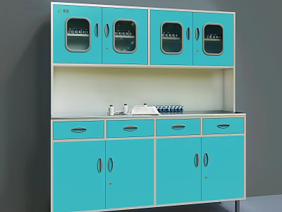 Turquoise Laboratory Storage Cabinet With Glass Doors Upper Cabinets Drawers And Countertop 3d model