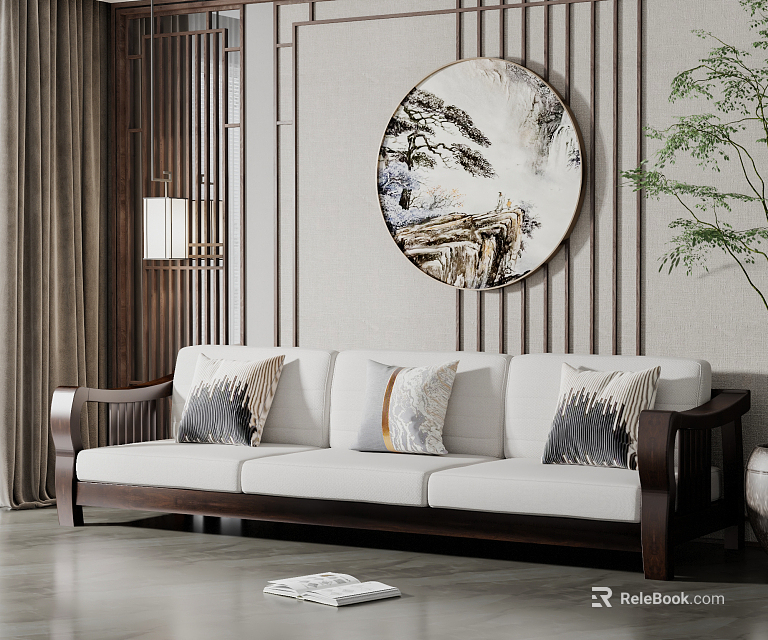 Chinese Style Three-Seater Sofa With Wooden Frame Decorative Pillows And Round Landscape Painting Background 3d model 