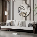 Chinese Style Three-Seater Sofa With Wooden Frame Decorative Pillows And Round Landscape Painting Background