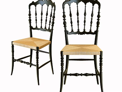 Classic Black Dining Chairs With Carved Backrest Woven Seat And Decorative Spiral Legs Design 3d model