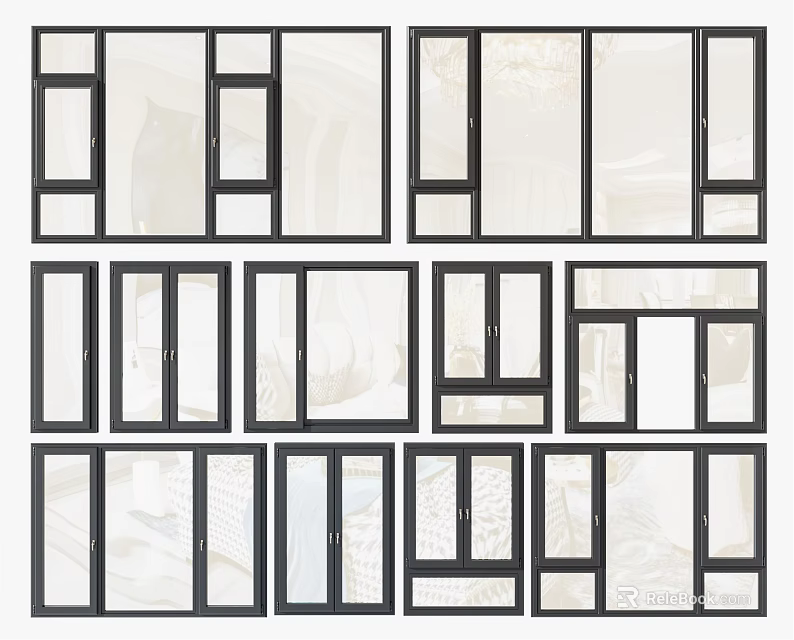 Casement Windows With Black Frames And Various Design Styles For Home Installation 3d model 