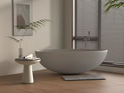 Round Gray Bathtub in Modern Bathroom Interior with Pedestal Table Fern Plant and Wooden Floor 3d model
