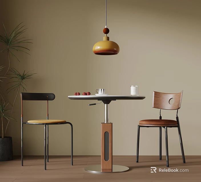 Modern Minimalist Meeting Table And Chairs With Yellow Pendant Light Green Plant And Wooden Floor 3d model 