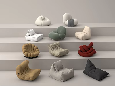 Various Colors and Designs of Comfortable Bean Bag Chairs Displayed on Stairs for Home 3d model