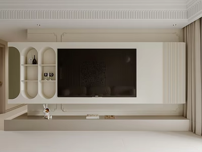 Modern Minimalist TV Wall With Curved Shelves And Light Decor 3d model