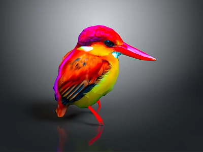 Vibrant Colored Kingfisher with Red Long Beak Red Legs on Dark Background with Reflection 3d model