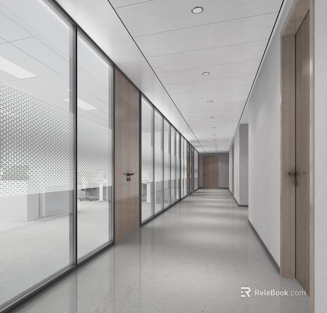 Modern Office Corridor With Glass Partitions Wooden Doors Bright Lighting And Open Space 3d model 