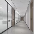 Modern Office Corridor With Glass Partitions Wooden Doors Bright Lighting And Open Space