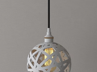 White Hollow Spherical Pendant Light With Yellow Bulb Warm Glow And Gray Wall 3d model
