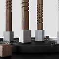 Ornamental Decoration Set Featuring Wooden Columns Black Tray White Pebbles And Wooden Balls