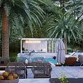 Modern Detached Villa With Landscaped Garden Lush Greenery Palm Trees And Outdoor Seating