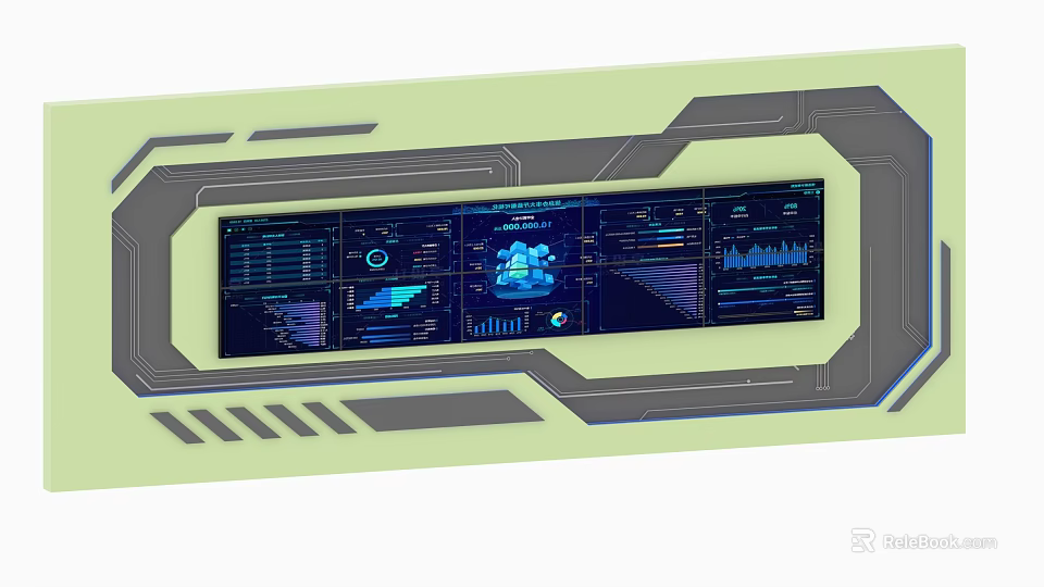 Futuristic Background Wall With Digital Screens Data Charts Light Green Gray Geometric Lines 3d model 