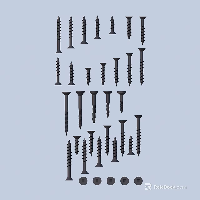 Assorted Metal Screws With Different Sizes And Threaded Designs For Construction 3d model