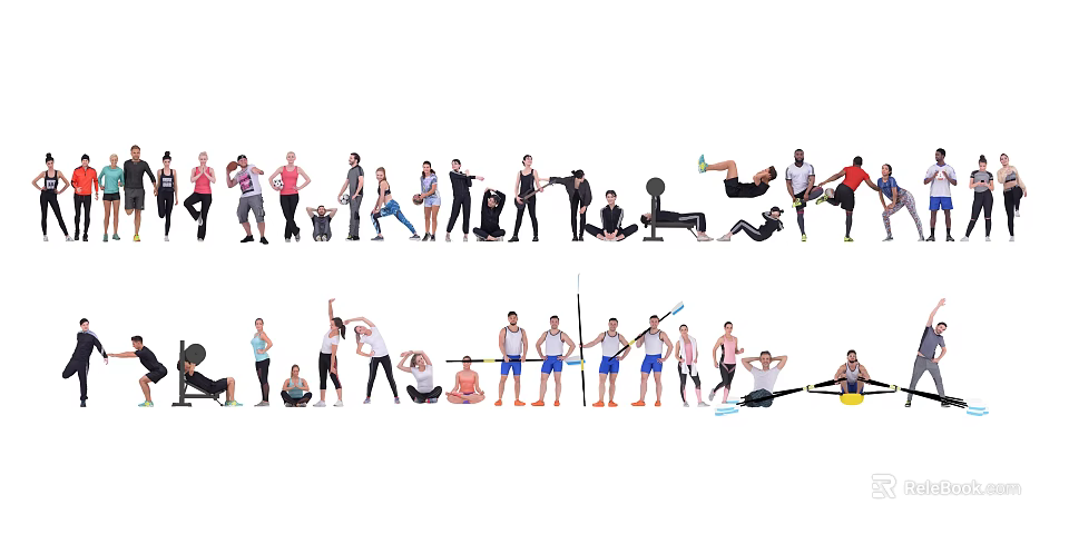 Group of people performing various fitness exercises with different gym equipment and workout poses 3d model 