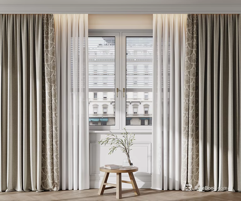 Layered Grey Curtains With White Sheer Panels For Double Window Interior Decor 3d model 