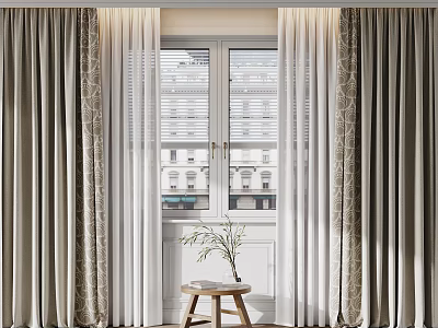 Layered Grey Curtains With White Sheer Panels For Double Window Interior Decor 3d model