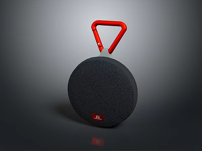 Portable JBL Computer Speaker With Black Circular Body Red Hook And Textured Surface 3d model