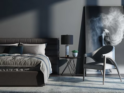 Sleek Modern Double Bed With Dark Headboard Nightstand Lamp Accent Chair And Large Wall Art 3d model