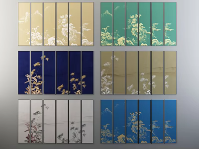 Oriental Folding Screens In Various Colors With Floral And Bird Patterns 3d model