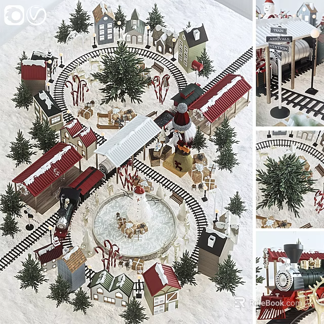 Building Blocks Snowy Winter Scene with Train Tracks Small Houses Christmas Trees and Windmill 3d model 