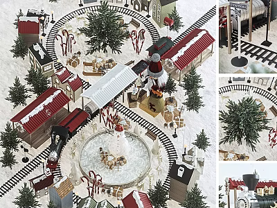 Building Blocks Snowy Winter Scene with Train Tracks Small Houses Christmas Trees and Windmill 3d model