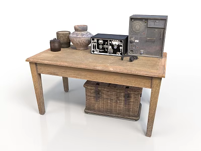 Vintage Items On Wooden Table With Clay Pots Old Radio And Wicker Basket 3d model
