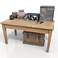 Vintage Items On Wooden Table With Clay Pots Old Radio And Wicker Basket
