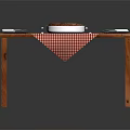 Wooden Dining Table With Red White Checkered Tablecloth And Blue Pattern Placemats