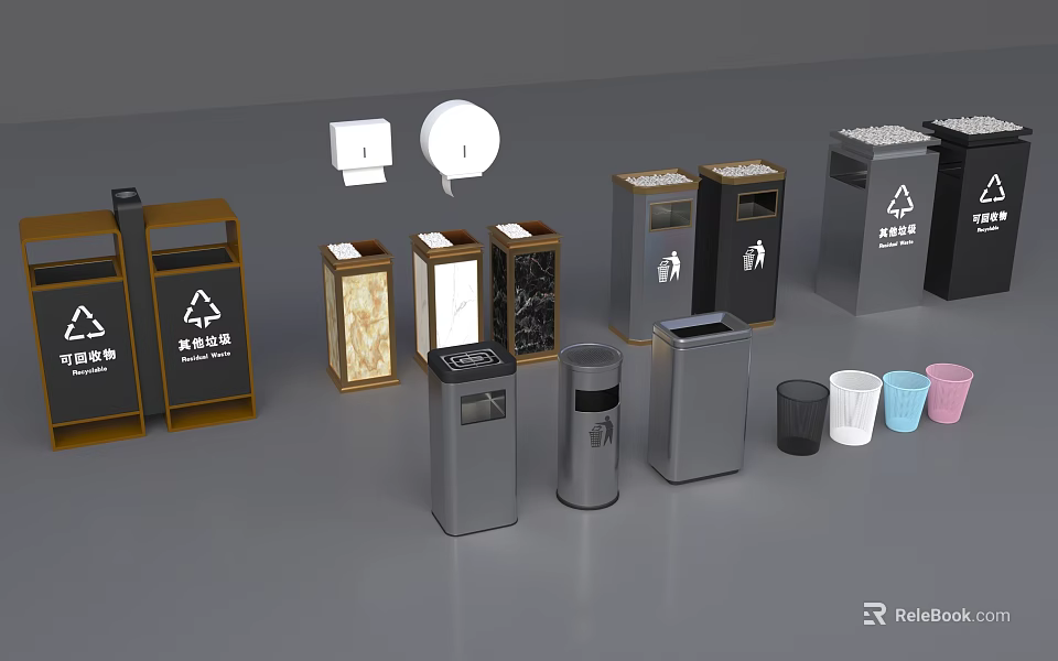 Various Types Of Indoor Waste Bins With Recycling Signs And Different Designs 3d model 