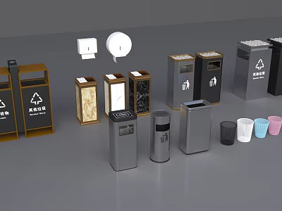 Various Types Of Indoor Waste Bins With Recycling Signs And Different Designs 3d model