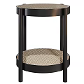Black Round Side Table With Metal Frame And Rattan Lower Shelf Modern Design