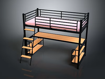 Bunk Bed With Black Metal Frame Upper Mattress Lower Desk And Storage Shelves 3d model
