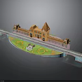 3D Model Castle Building With Bridge Green Lawn And Decorative Patterns