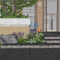 Modern Building Entrance Feature Wall With Wooden Lattice Design Greenery Steps And Glass Doors