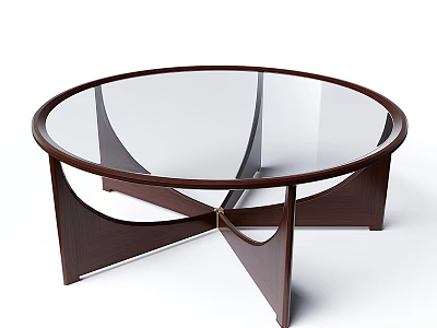 Round Glass Top Coffee Table With Dark Wooden Frame And Crossed Legs Modern Design 3d model