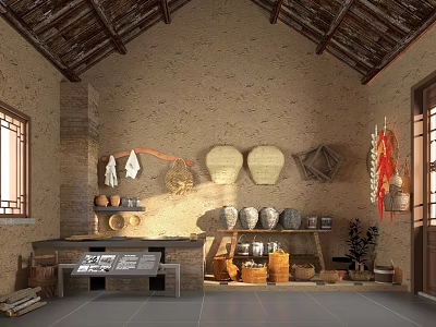 Traditional Chinese Interior Featuring Earth Walls Wooden Beam Ceiling Bamboo Containers Clay Jars Red Decorations 3d model