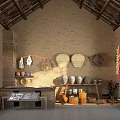 Traditional Chinese Interior Featuring Earth Walls Wooden Beam Ceiling Bamboo Containers Clay Jars Red Decorations