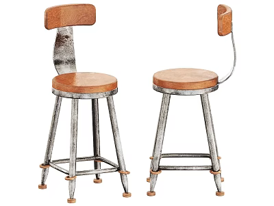 Vintage Industrial Bar Stools With Wooden Seats Backrests And Metal Frames 3d model