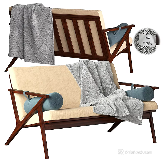 Outdoor Sofa With Wooden Frame Beige Cushions Blue Pillows And Gray Diamond Patterned Blanket 3d model 