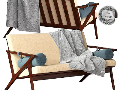 Outdoor Sofa With Wooden Frame Beige Cushions Blue Pillows And Gray Diamond Patterned Blanket 3d model