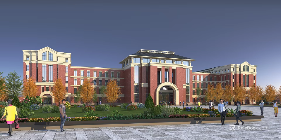 Red Brick School Building With Arched Entrance Green Lawn Trees And People Walking In Courtyard 3d model 