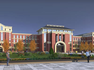 Red Brick School Building With Arched Entrance Green Lawn Trees And People Walking In Courtyard 3d model