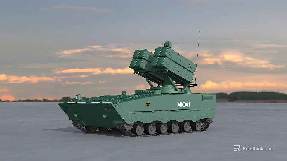 Green Tracked Military Missile Launch Vehicle MK001 With Raised Missile Launcher Under Sunset Sky 3d model 