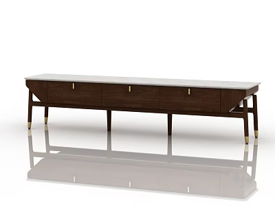 Contemporary Dark Brown Wooden TV Stand With Brass Legs Marble Top And Storage Drawers 3d model