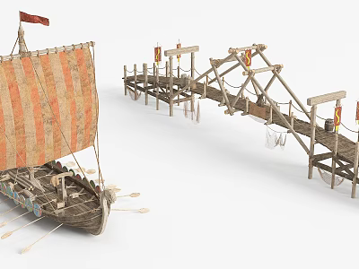 Traditional Wooden Boat With Red Orange Striped Sail Oars And Wooden Bridge With Flags 3d model