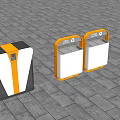 Modern Outdoor Trash Bins With Yellow White And Gray Designs On Tile Pavement