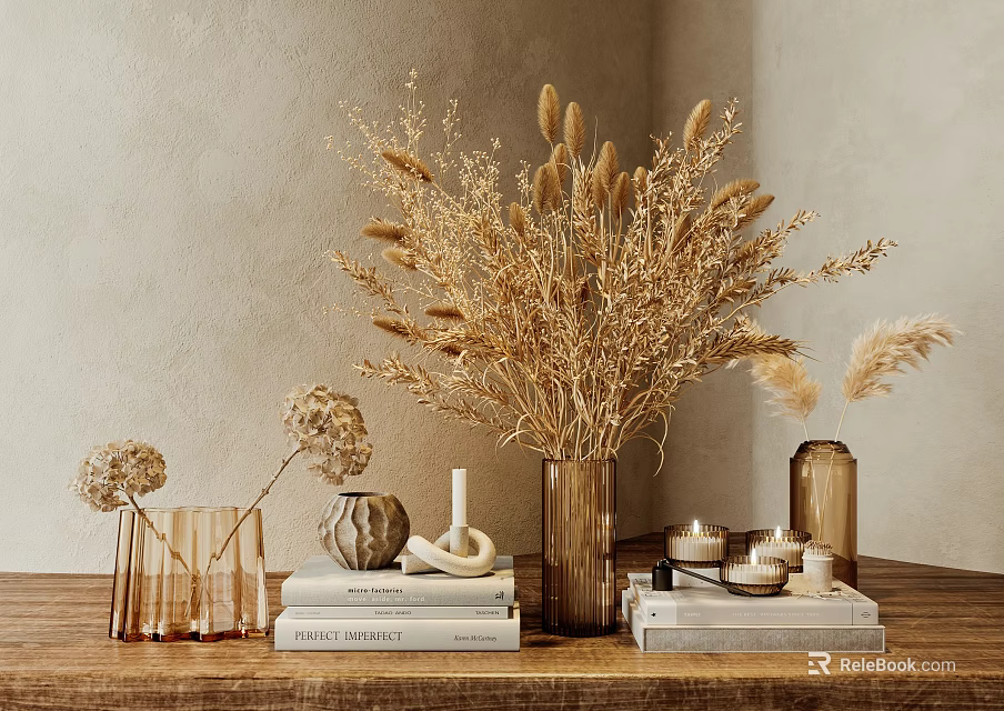 Elegant Decorative Ornament Arrangement with Dried Flowers Vase Candles Books Small Sculpture on Wooden Table 3d model 