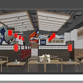 Japanese Restaurant Interior with Bar Counter Wooden Shelves Red Lanterns and Sake Bottles
