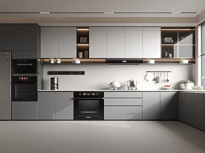Modern Gray Kitchen Interior With Built in Oven Coffee Machine Countertop And Cabinets 3d model