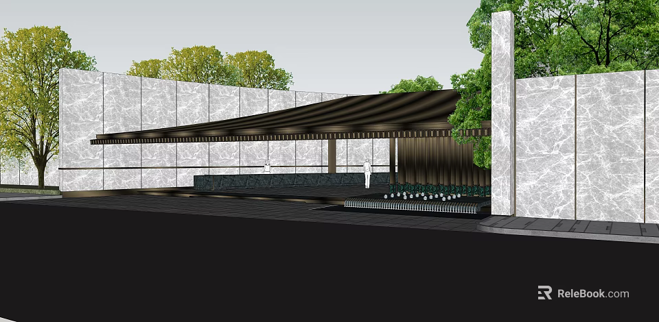 Modern Entrance Gate Design With Marble Walls Canopy And Green Plants 3d model 